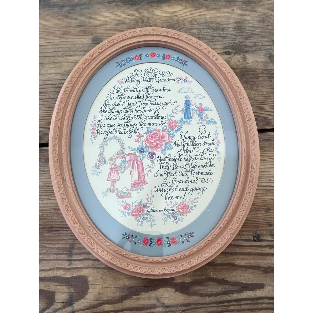 VTG Homco Walk With Grandma Print Oval Pink Frame Made in USA Grandmacore